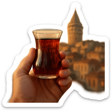 hand holding a Turkish tea glass, with a cityscape in the background, warm and inviting atmosphere, detailed, realistic sticker