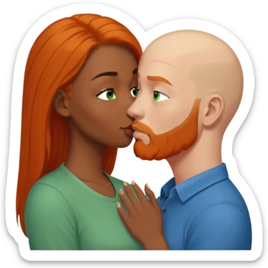 black women with brown eyes. She has long balayage brown/black hair. She is wearing a blue shirt. She is kissing bald white man in a green shirt The White man is 47yrs old, pale, green eyes has orange facial hair and long orange beard. They are having an intimate moment between lovers sticker