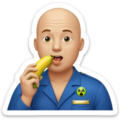 bald a bit fat man in a blue uniform eating radioactive banana sticker