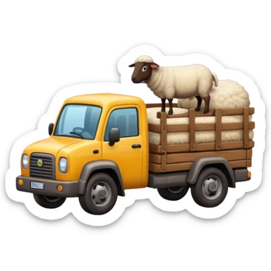Cartoon 3D emoji of a Peruvian rural truck transporting sheep in the back, wooden cargo bed, Andes mountain landscape, dusty countryside road, glossy finish, bold outlines, vibrant natural colors, sticker design, transparent background sticker