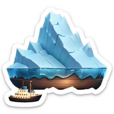 A 3D iceberg in Apple Memoji style, no face, smooth and glossy, floating in dark ocean at night, soft moonlight, subtle reflections, minimal style. A tiny ship in the distance approaching. Pixar-style render, cinematic and clean.
 sticker
