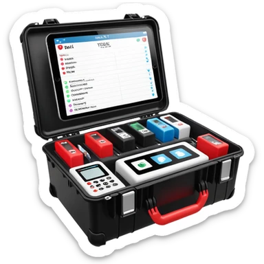 An open, black outdoor test case.Interior: control panel with colored test jacks, USB ports, and a power outlet. A red test probe is located next to it. On the left side of the case is a large roll of white, round test labels displaying QR codes.  sticker