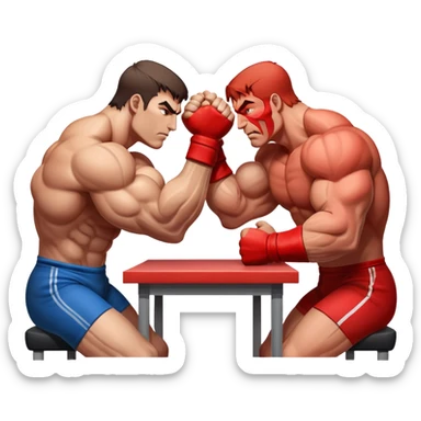 Two powerful arms locked in an intense arm wrestling competition. One arm is strong and steady, while the other strains to push back. The background shows a simple table with a focus on the clash of strength and determination. Transparent background. sticker