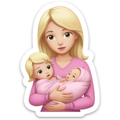 Blonde girl holding a new born baby while the baby is wrapped in pink. sticker