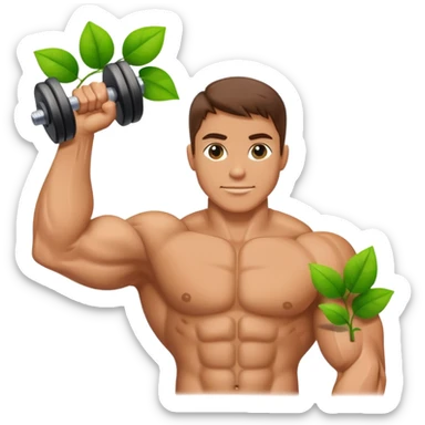 muscular arm holding a dumbbell, five green leaves on the left sticker