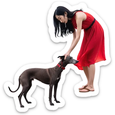 A beautiful 25-year-old Japanese woman with long flowing black hair wearing a stylish red beach dress, gently petting a PURE SOLID DARK GREY whippet with a bright RED COLLAR on a beach at night under a starry sky. The whippet MUST be 100% SOLID DARK GREY with ABSOLUTELY NO WHITE MARKINGS ANYWHERE - specifically NO WHITE on face, NO WHITE on chest, NO WHITE on paws - ENTIRELY ONE CONSISTENT SOLID DARK GREY COLOR throughout. Deep blue night sky filled with bright stars, moonlight reflecting on the ocean, sandy beach in the foreground. sticker
