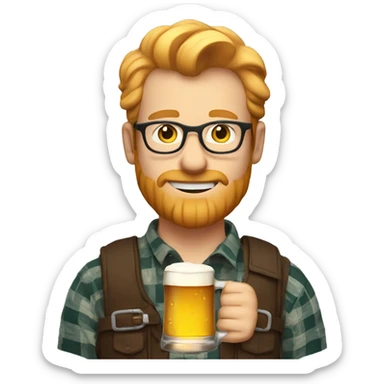 A white man with glasses and ginger blonde hair wearing plaid and holding a pint of beer sticker