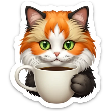 tricolor fluffy cat with big green eyes drinking a cup of coffee sticker