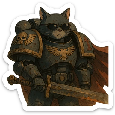 cat in sunglasses, Warhammer 40,000 inspired, dramatic ghibli style illustration sticker