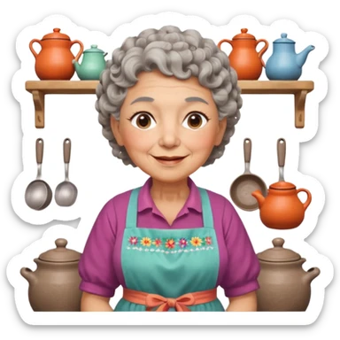 cheerful rural old woman in Apple iOS emoji style, chubby cheeks, short gray curly hair, flowery blouse, colorful apron, pastel tones, expressive eyes, Chilean rural kitchen with clay pots, warm inviting lighting, clean vector look sticker