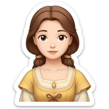 Cinematic Serene Belle Portrait Emoji, rendered in a simplified vector style. Depict a gentle Belle (chest and above) with fair, glowing skin, softly cascading brown hair, and a calm, inviting expression, dressed in her traditional village dress. The image exudes a soft, luminous glow and is outlined with a subtle, warm light. sticker