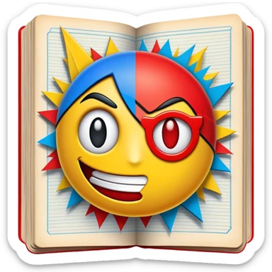 Create a vibrant emoji, representing comic books and graphic novels as an art form. The design should feature a large, opened comic book with vintage comic panels on the pages. Include a pencil (without a hand), writing text or sketching on the pages. The comic panels should have bold lines and retro-style artwork with classic comic book visuals. Use bright, energetic colors like red, yellow, and blue to evoke excitement and creativity. The overall design should feel dynamic, vintage, and artistic. Make the background transparent. sticker