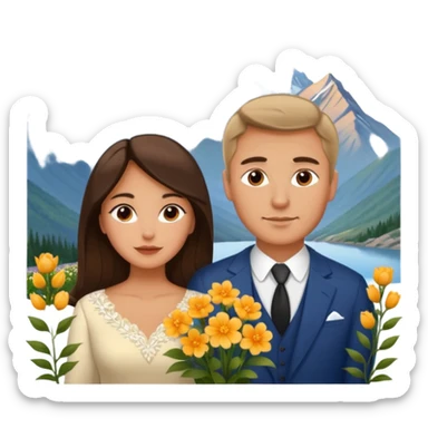 Couple traveling in Montenegro russian man and elegant  Latina girl delicate flowers and mountains in the background  sticker