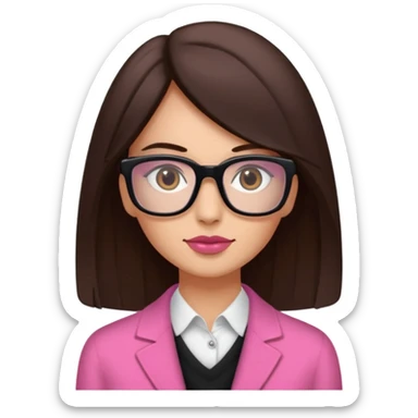 une ado, brune aux cheuveux tres fonces longs lisses blanche, ,lunettes carres/ rectanglesnoires, yeux bruns joues rose, haut noir sticker