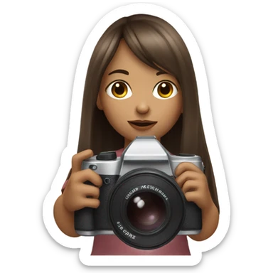 Realistic camera girl with camera and brown long hair and a fringe sticker