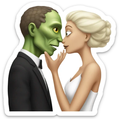 White man in black dress hugs and kissing Alien reptilian woman in white dress  sticker