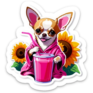 Chihuahua in a sunflower robe drinking a pink drink from a straw   sticker