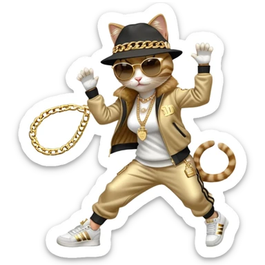 female cat in Run DMC hip-hop outfit with tracksuit, fedora, Adidas sneakers, dark sunglasses, many gold chains and bling accessories, doing a headspin break dance move sticker