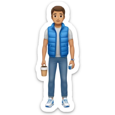 full body man with plain puffy vest with no pockets wearing straight blue jeans and tennis shoes holding coffee mug sticker