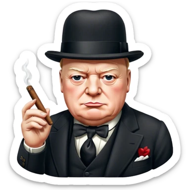 Cinematic Realistic Winston Churchill Portrait Emoji, depicted as a resolute British statesman with a signature bowler hat and a cigar, exuding determined leadership and wartime valor, rendered with lifelike textures and dramatic vintage lighting that captures his iconic British spirit. sticker