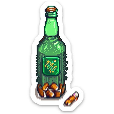 Add a few cigarette butts leaning against the green beer bottle in pixel art style. Keep the background transparent. sticker