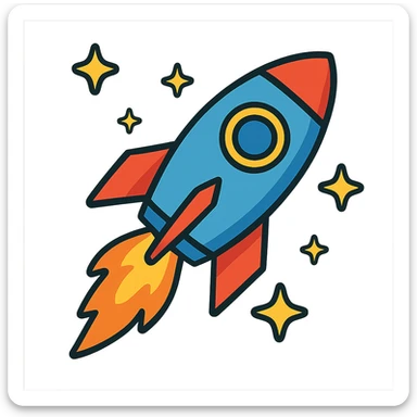 rocket ship with flames and stars around it sticker