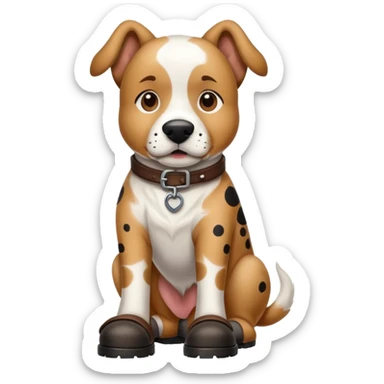 Large brown and white dog with black dots on his face in boots sticker