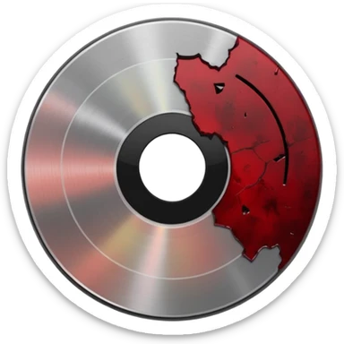 Minimalist emoji-style sticker of a single CD with a sharp crack and a dried blood spot. View from above, black, gray, and muted red.
 sticker