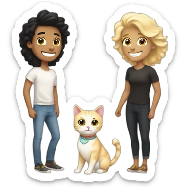 Gay couple, 1 Latino black hair, the other one Australian blonde hair with a cat in the middle laughing full body sticker