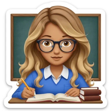pretty female with long wavy brown hair with blonde highlights and blue eyes doing history homework  sticker