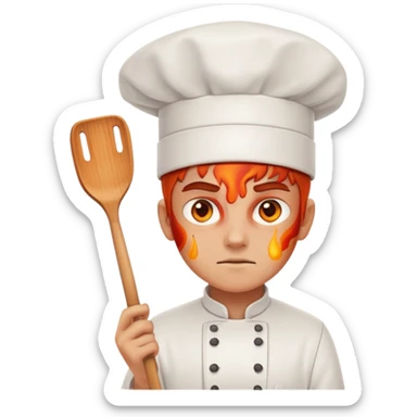 determined chef with fiery eyes, holding spatula sticker