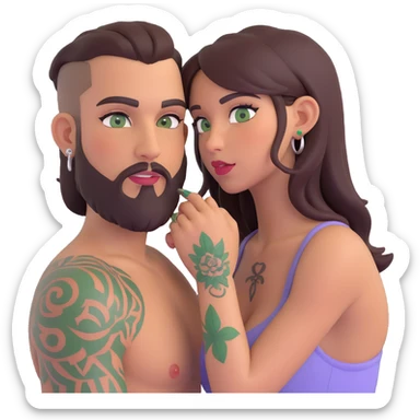 Brown eyed Latina woman with pierced nipples, small breasts and tattoos giving oralto a white man with green eyes and a beard  sticker