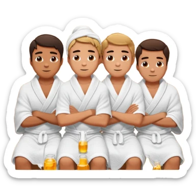 three young men turned in towels sit in the hot sauna sticker