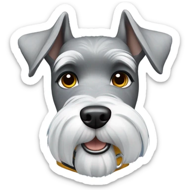 Gray schnauzer with pointy ears wearing a blue collar with lightning bolt tag sticker