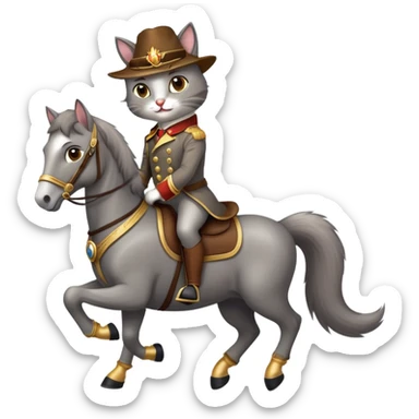 A dashing cat wearing stylish boots, riding a majestic horse with a confident smirk, in a cartoonish emoji style sticker