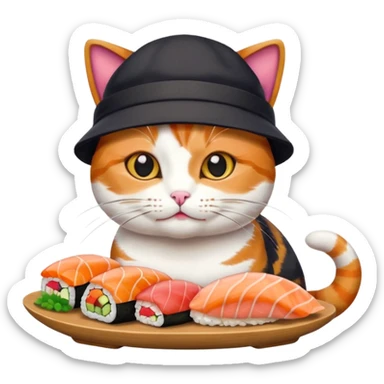 cat wearing a hat made out of sushi sticker