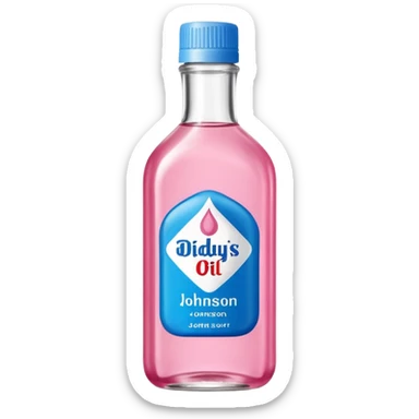bottle of oil blue top pink outside with logo that says Diddys Oil Johnson and Johnson bottle  sticker