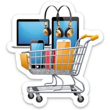shopping cart filled with technology items such as a laptop, smartphone, headphones, and smartwatch emoji sticker