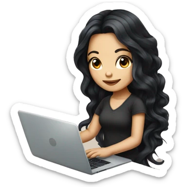 beautiful girl with tattoos, with long black hair, wavy hair, chinese, with laptop sticker