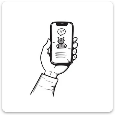 Hand holding an iPhone with WhatsApp open, chatting with a robot or AI bot sticker