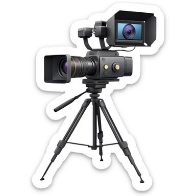 Create an emoji for video recording. Show a  single lens professional video camera with screen and image on it, on heavy tripod. Use modern, professional colors. Do not include any emojis or smiley faces. Make the background transparent. sticker