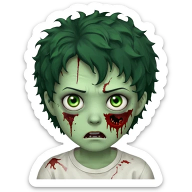 zombie character with green skin, messy short curly black hair, and no glasses. Give him large expressive eyes, a slightly frightened or eerie expression, subtle wounds, dark under-eye shadows, and a few cracks or dried blood marks on the face.  white shirt and without bleeding eyes **BLACK HAIR** sticker