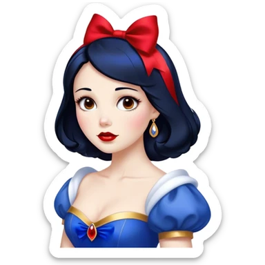 Cinematic Stunning Snow White Portrait Emoji, Fair skin glowing like porcelain, ruby-red lips, deep brown eyes full of kindness, raven hair framed by her iconic red bow, wearing her royal blue and gold gown, exuding timeless beauty and grace! sticker