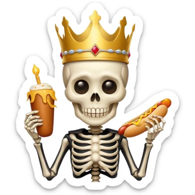A cute skeleton wearing crown and holding hot dog sticker