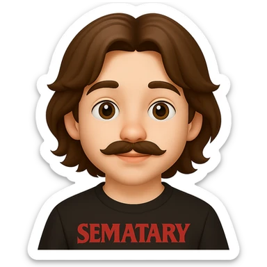Make the chubby man look younger and have him wear Semetary merch. The original style is emoji style, which does not support editing, so use the general style editor while respecting the emoji style look. sticker