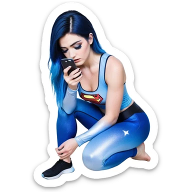 Disapponted-big tears-head back texting on phone-very very large upper body-sexy face-bending forward at waist-very long very straight dark blue to light blue ombre hair-and-blue eyes-thick black eyeliner-long eyelashes-iridescent blue lowcut tanktop with black leggings with glitter superman logo sticker