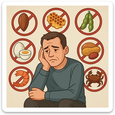A 40-year-old man suffering from food intolerances, inspired by the reference image, sitting with a sad air, forbidden food symbols in the background, conveying an atmosphere of food discomfort. sticker
