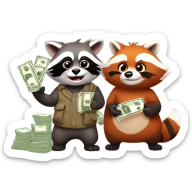 1 male raccoon and 1 female red panda not wearing clothes each holding a bag of cash sticker