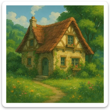 cozy cottage in a lush landscape with gentle lighting in ghibli style sticker