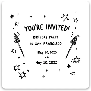 magical themed birthday party invitation illustration with sparkles, wands, whimsical decorations, including the text: 'You're Invited! Birthday Party in San Francisco, May 10, 2025' sticker